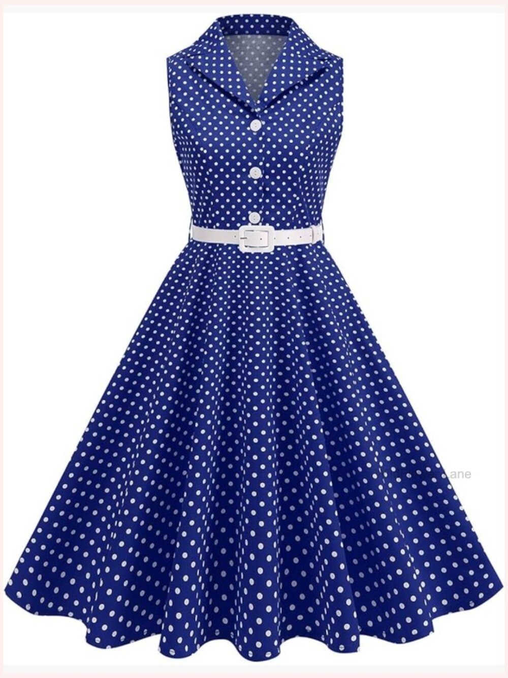 1950s Retro Polka Dot Swing Midi Dress Sleeveless Notched Lapel Belt - Picture 1 of 6